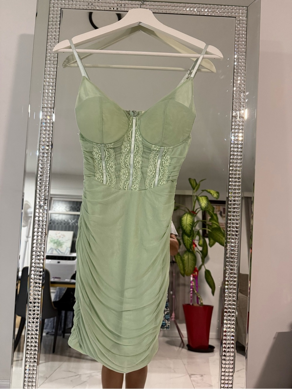 privy Mint Green Lace-Detail Mini Slip Dress
